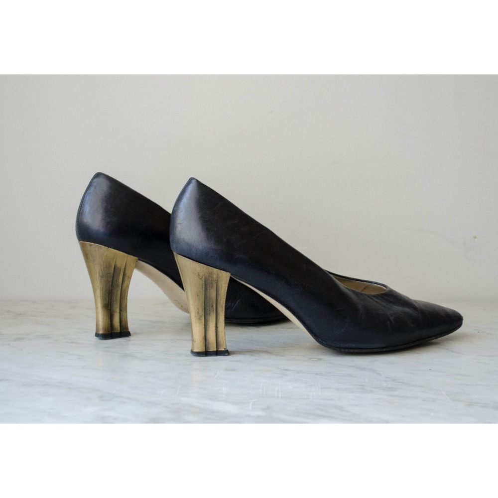 Proxy 90s vtg minimalist black leather‎ gold metal high heel pumps size 10